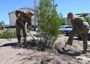 Военный городок «Жұлдыз» в Сарыозеке озеленяют в рамках «Таза Қазақстан»
